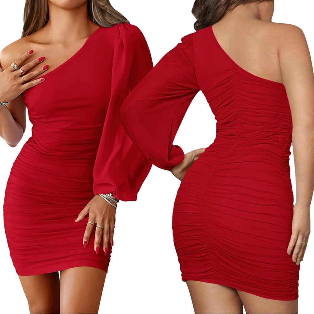 NWT!! BTFBM One Shoulder Ruched Bodycon Mini Dress Puff Long Sleeve Red - Size S